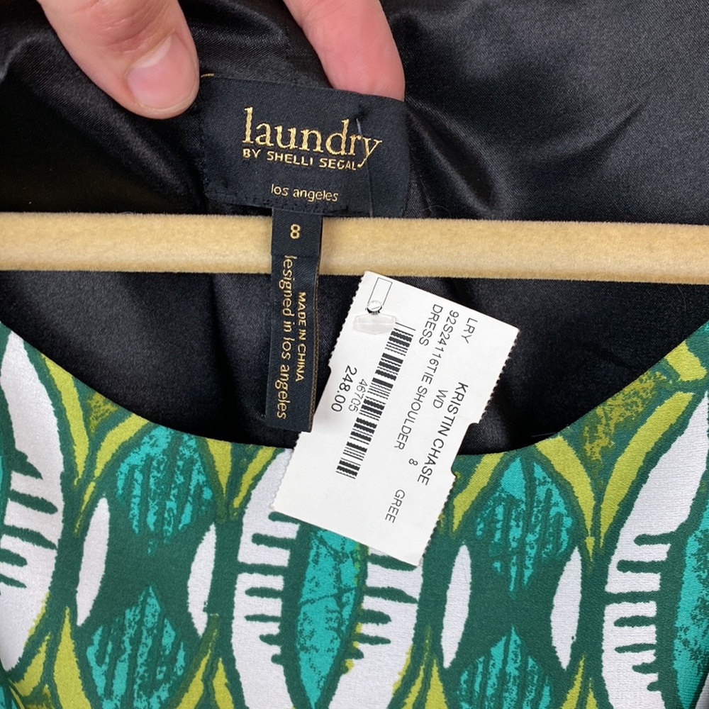 NWT Laundry by Shelli Segal | Satin Green Printed Side Tie Blouson Dress - Picture 2 of 9